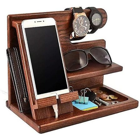 Trädockningsstation för telefon i askträ, nyckelhållare, plånboksställ, klockorganisatör, present till män, fru, pappa, födelsedag, nattduksbord, 