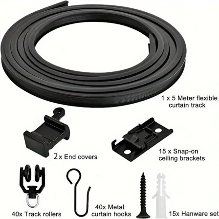 Flexibel böjbar gardinstång för tak, vägg, svart, böjd, tung, RV-glidgardinskena, rumsavdelare