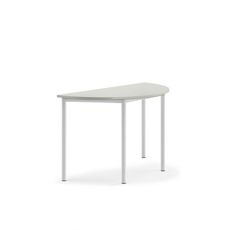 Tisch SONITUS, halbrund, 1200x600x720 mm, Hochdrucklaminat grau, weiß