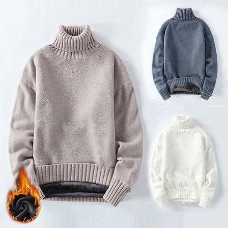 Tykk strikket herregenser med fløyel, vintervarmt tøy, topp med høy krage, ensfarget, løs, fleksibel genser for menn