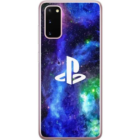 Samsung Galaxy S20 Gennemsigtig cover Playstation-logo mod galaksebaggrund kosmisk gamingdesign med stærke farver perfekt til gamere og konsolfans