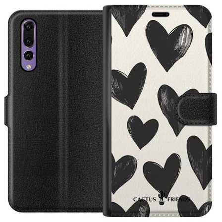 Kompatibel Tegnebogsetui til Huawei Huawei P20 Pro Cactus and Friends - Bold Black Love Pattern