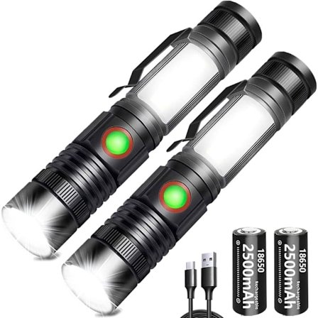 2 stk. LED-lommelykt 2000 Lumen Super Sterk, 2500 mAh Oppladbar Lommelykt i Lommeformat med Magnet [Energiklasse A++]