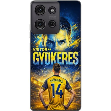 Kompatibelt Mobildeksel til Motorola Motorola Moto G75 Viktor Gyökeres fotballplakat i gult og blått med dramatisk stadionbakgrunn, sportillustrasjo