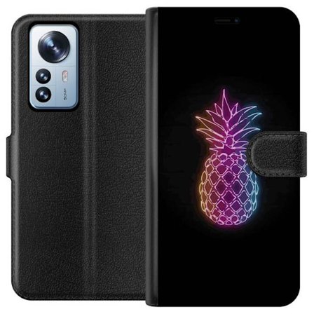 Kompatibelt Lommeboketui til Xiaomi Xiaomi 12 Pro Neonlysillustrasjon av ananas i fargerikt lys mot svart bakgrunn