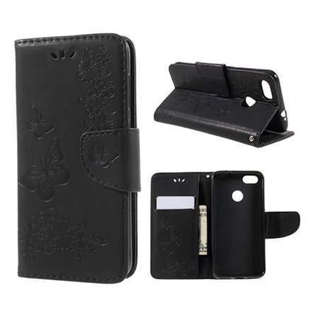 Huawei P9 Lite Mini imprinted sommerfugl Blomster PU læder flip etui - Sort