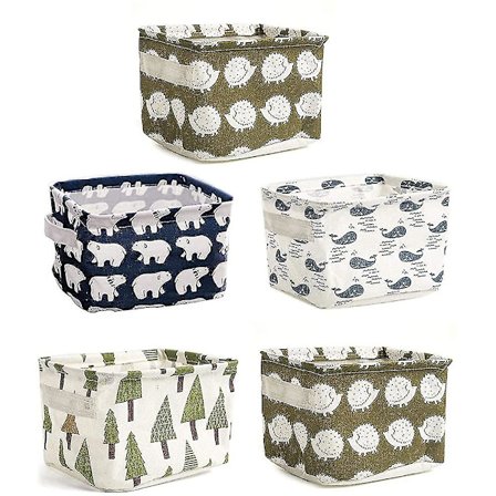 5 Pak Opbevaringskurve Små, Foldbare Mini Kvadratiske Opbevaringskasser Bomuld Linned