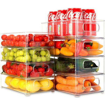 {hw} Set med 8 stapelbara kylskåpsorganisatörer - Genomskinliga förvaringsbehållare för kylskåp med handtag - Organizerboxar för kylskåp, skåp