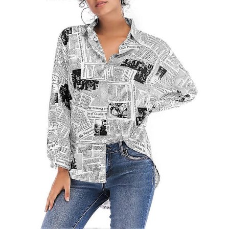 Dame Mode Avis Skjorte Enkeltknappet Bluse Revers Langærmet til Sommer Forår (Sort, Størrelse L)