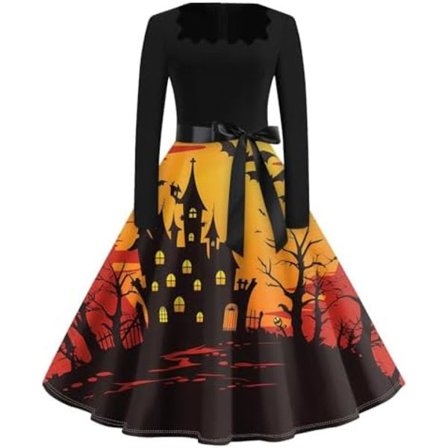 BTBDYDH Halloween Klänning Retro Långärmad V-ringad Klänning Utsvängd Vintage Hepburn Klänningar Pumpa Fladdermus Häxa Tryckt Cosplay Party Kostym 