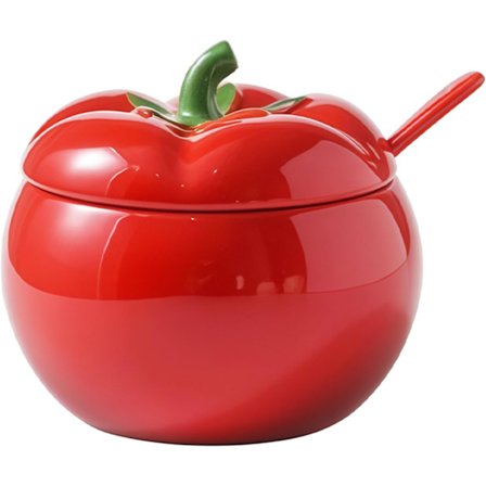 Tomat Keramisk Sukkerskål med Låg og Ske, Rød Krydderikrukke til Opbevaring af Salt og Peber på Køkkenbordplade, Dekorativt Grøntsagstema