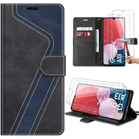 Fodral för Samsung Galaxy A13 5G-4G och Galaxy A04s, svart, lädereffekt folioskydd, integrerat stativ + 2 härdade glasögon Svart, Marinblå