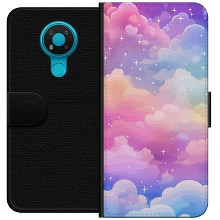 Kompatibelt Lommeboketui til Nokia 3.4 Søt enhjørning med regnbuefarget hår mot en stjernebelagt pastellbakgrunn i kawaii-stil