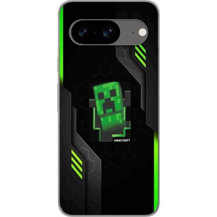 Kompatibelt Mobilskal till Google Google Pixel 8 Grön pixelbaserad creeperliknande spelillustration med futuriska neoninslag och mörk techbakgrund p