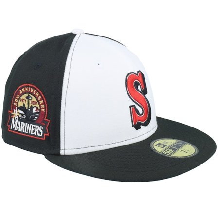 New Era - MLB Zwart fitted Cap - Seattle Mariners Midnight Hustle 59FIFTY 30th Anniversary White/Black Fitted @ Hatstore
