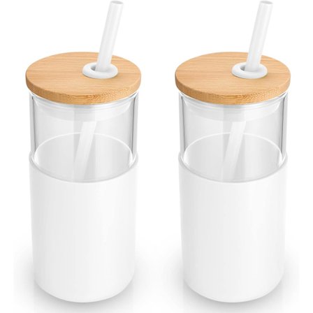 16 oz glas tumbler med sugerør og bambuslåg, genanvendelig kop til iskaffe, smoothiekopper, tumbler med beskyttende silikonesleeve - hvid