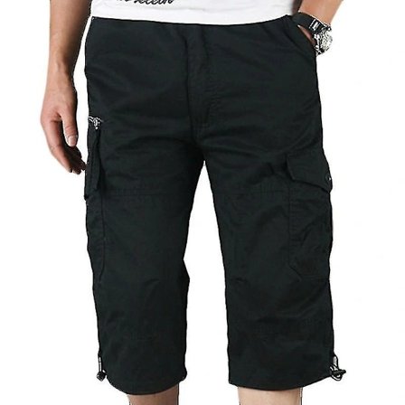 Herre 3/4 Lange Elastiske Talje Shorts Cargo Combat Trekvart Bukser Sort