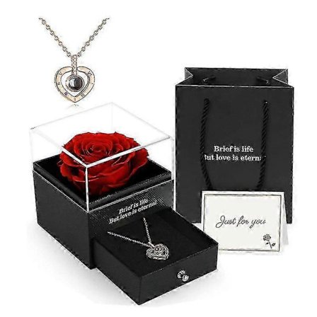 Konserverad Äkta Ros, presentförpackning med Jag Älskar Dig Halsband, handgjorda Eviga Äkta Rosblommor Presenter Till Hennes Kvinna Fru Flickvän Mor 