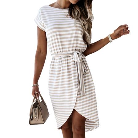 Randig Fram Kort Bak Lång Klänning Casual Kvinnor Sleeve Lace Up