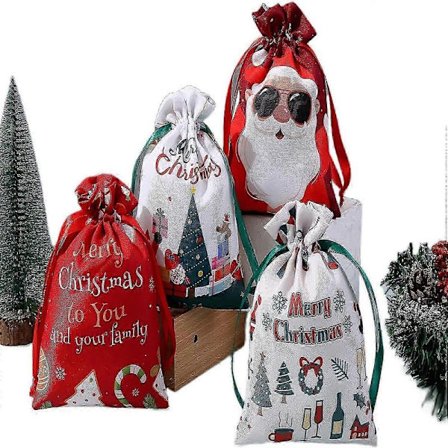 12 stk. julegaveposer med snoretræk, 15x20 cm julegavesække små slikposer, digitaltrykt juleindpakning Santa gavepose