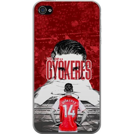 Yhteensopiva Puhelinkuori Apple iPhone 4 Punainen dramaattinen kollaasikuva, jossa esiintyy Viktor Gyökeresin muotokuva ja pelaajia takaapäin areenall