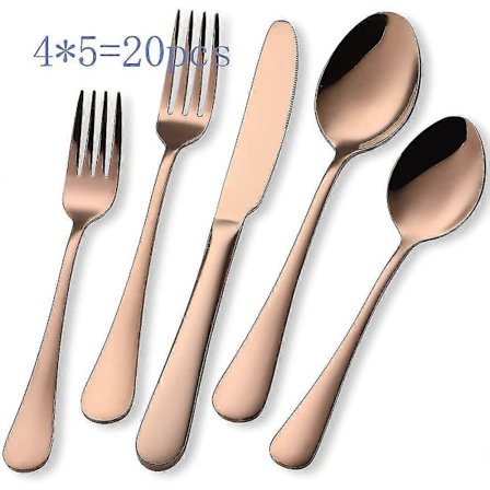 Roséguld Bestickset, 20 Delar Rostfritt Stål Bestick Set För 4 Personer, Spegelpolerad Finish, Diskmaskinsäker