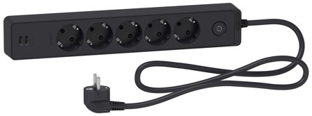 Schneider Electric Unica Extend Grenuttag 5-vägs, jordat, 2xUSB, 1.5 m Antracitgrå, Anslutningsdon & kablar