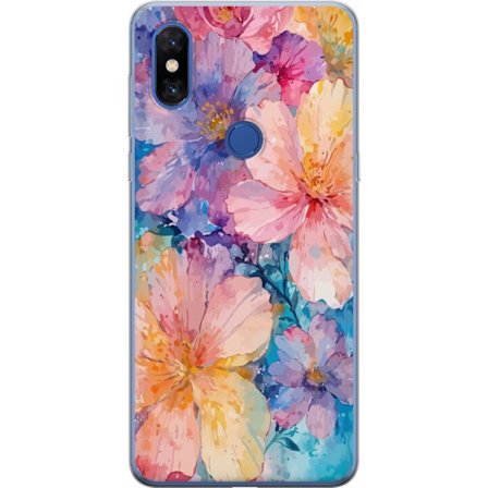 Kompatibelt Mobildeksel til Xiaomi Xiaomi Mi Mix 3 Akvarellmaling med store blomster i rosa, blå og gule toner i en myk kunstnerisk stil.