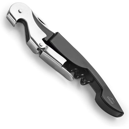 Servitørflaskeåpner, deluxe-modell, rustfritt stål, 3-i-1, med kort blad, kapseldesign, svart.