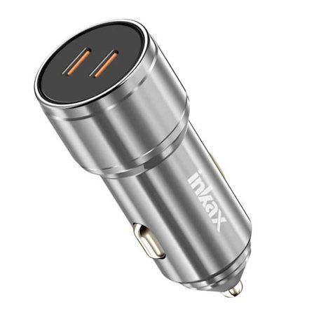 Laddare för Cigarette Tändare - Inkax - 60W - 2x USB-C - Snabbladdning - Silver Metall Design
