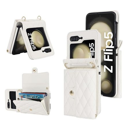 Kompatibel med Galaxy Z Flip 5 Crossbody-deksel, trekkspill-skinndeksel (hvit)