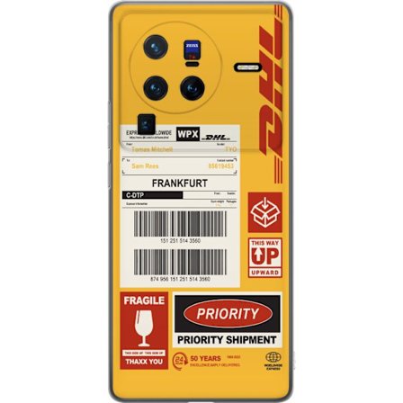 Yhteensopiva Puhelinkuori vivo vivo X80 Pro DHL Express rahtietiketti suunnittelu viivakoodeilla, Frankfurt tekstillä ja logistiikkateema grafiikka