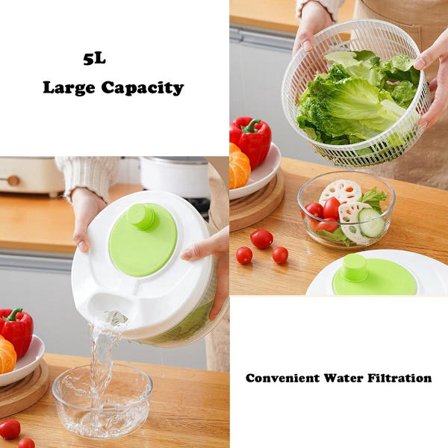 Salatslynge i plastik, salatslynge med låg, salatslynge med håndsving, salatslynge, sammenklappelig, 5 liter, køkkenhjælp til tørring af grøntsager, 