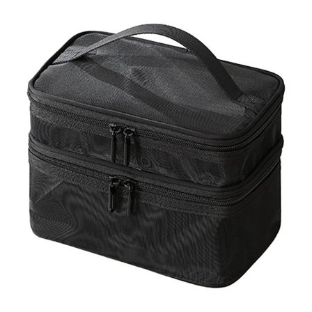 Kosmetiktaske med dobbelt lag, nem klassificering, stor kapacitet, kosmetiktaske i mesh med robust håndtag til rejser, dobbelt lag, sort