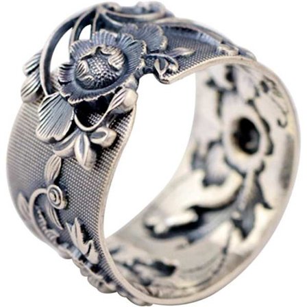 Vintage bred svart 999 Sterling Silver Pion blomma ring för kvinnor flickor 15mm öppen och justerbar