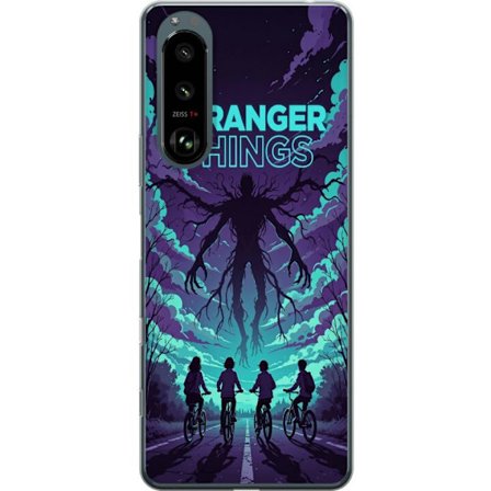 Yhteensopiva Puhelinkuori Sony Sony Xperia 5 III Stranger Things -inspiroitunut fantasiaillustraatio, jossa on tumma hirviö, pyöräilevät lapset ja