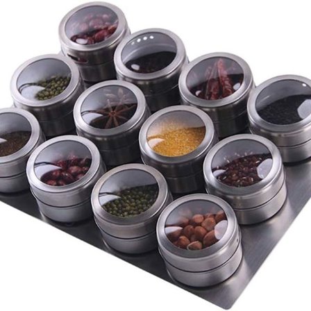12 stk. magnetiske krydderiglas i rustfrit stål med bakke til køkken KLB