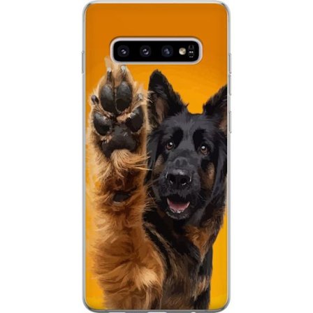 Kompatibelt Mobilskal till Samsung Samsung Galaxy S10+ Glad hund vinkar med tassen charmigt djurporträtt på gul bakgrund perfekt för hundälskare
