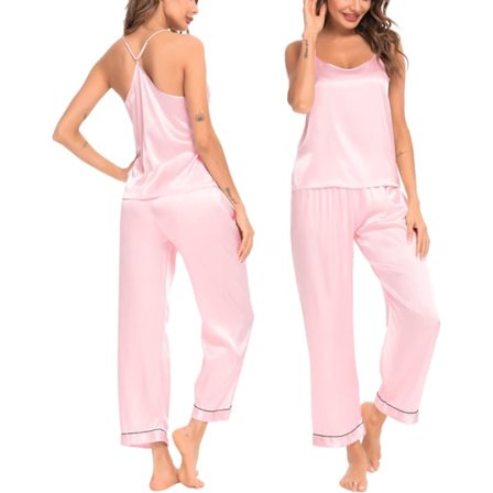 2025 Senaste Modell Dam Satin Pyjamas Set Siden Sovkläder Cami Nattlinne Sexiga Underkläder 2 Delar Topp och Byxor Pyjamas Set