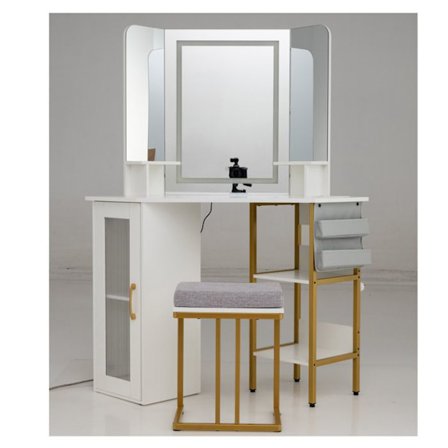 COSTWAY Meikkipöytä- ja Jakkarasetti, Kolmivärinen Peili, Latausasema, 2 Kankaisuutta, Täydellinen Lahja