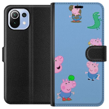 Yhteensopiva Lompakkokotelo Xiaomi Mi 11 Lite Peppa Pig kasvomalli vaaleansinisellä pohjalla, toistuva leikkisä lasten motiivi Greeta Possulla