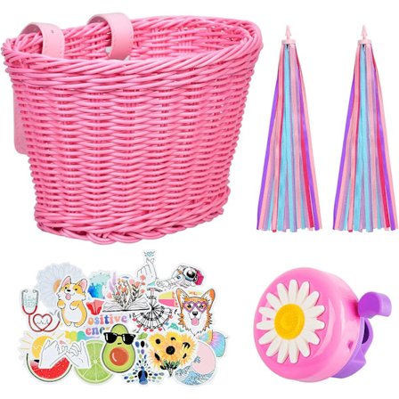 Vaaleanpunainen ja violetti lasten pyörän kori säädettävillä hihnoilla edessä B