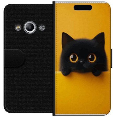Yhteensopiva Lompakkokotelo Samsung Galaxy Xcover 3 Musta kissa nousee keltaisen reunan yli - puhdas ja moderni kuvaus suurella silmällä, leikkisäl
