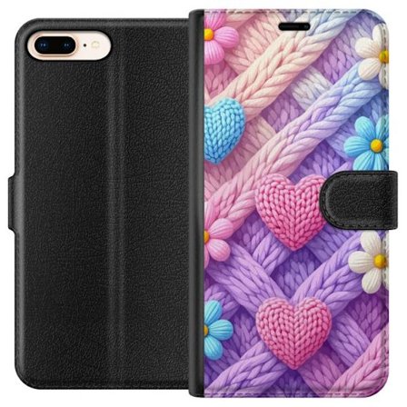 Kompatibelt Plånboksfodral till Apple iPhone 7 Plus Pastellfärgat stickat mönster med flätade texturer, hjärtformer och blommor i mjuk kawaii- oc