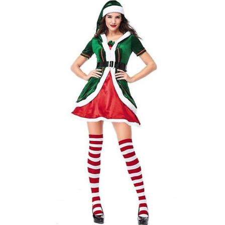 Green Elf Juldräkt Cosplay Par Jultomte Uniform För Vuxen Man Kvinnor Holiday Fancy Xmas Party Dress Set Women M