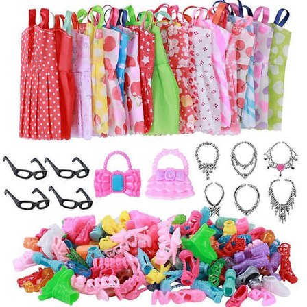 32 kpl nukketarvikkeita, 10 kpl nuken lyhyitä hameita, 10 paria korkeita