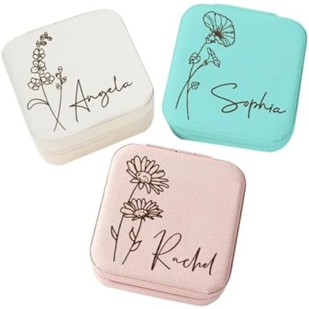 Smyckeskrin för Kvinnor, Personligt Rese-smyckeskrin med Namn och Födelsedagsblomma, Smyckeskrin i Läder för Ringar, Örhängen, H