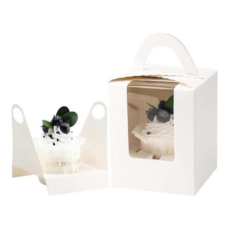 Muffinssilaatikko, 50 kappaletta yksittäisiä muffinssipidikkeitä, ikkunalla, sisäosalla ja kahvalla varustettu Kraft-leivonnaisastia