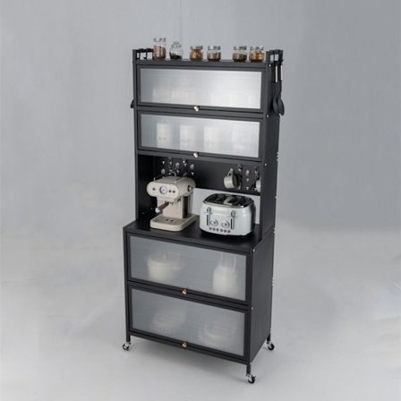 COSTWAY køkkenbuffet på hjul med 6 hylder, arbejdsplade til mikrobølgeovn, dobbeltdøre, kroge, justerbare ben, sort