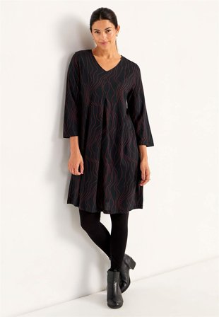 Cellbes of Sweden - V-udskåret jerseykjole i sort/vinrød/mønstret til damer i størrelse 62/64